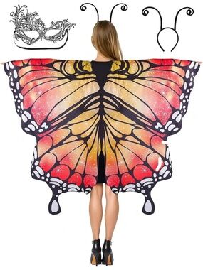 Women’s Butterfly Wing Cape Shawl with Lace Mask and Black Antenna Headband